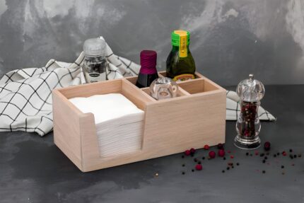Wooden condiment organizer Kitchen countertop organizer Multi-compartment table organizer Rustic dining accessories Wooden napkin and spice holder