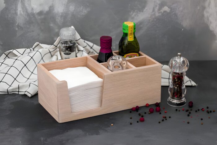 Wooden condiment organizer Kitchen countertop organizer Multi-compartment table organizer Rustic dining accessories Wooden napkin and spice holder
