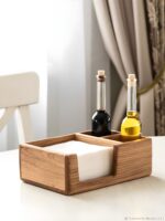 Wooden condiment organizer Kitchen countertop organizer Multi-compartment table organizer Rustic dining accessories Wooden napkin and spice holder