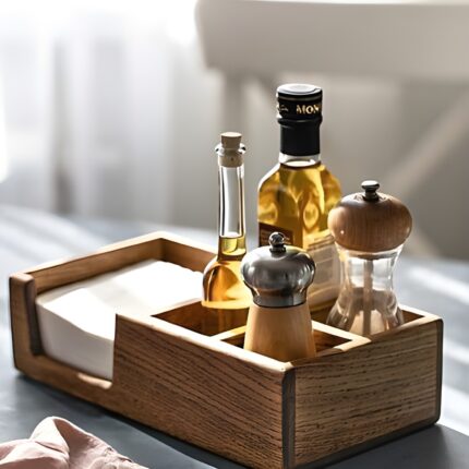 Wooden condiment organizer Kitchen countertop organizer Multi-compartment table organizer Rustic dining accessories Wooden napkin and spice holder