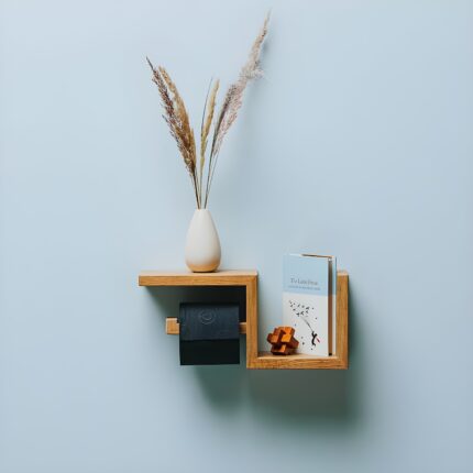 Wooden toilet paper holder Wall-mounted toilet roll holder with shelf Rustic bathroom accessories Space-saving bathroom organizer Modern toilet paper dispenser