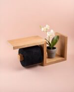 Wooden toilet paper holder Wall-mounted toilet roll holder with shelf Rustic bathroom accessories Space-saving bathroom organizer Modern toilet paper dispenser