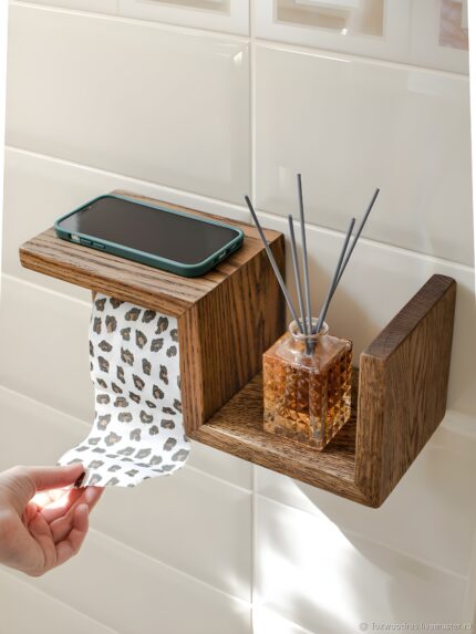 Wooden toilet paper holder Wall-mounted toilet roll holder with shelf Rustic bathroom accessories Space-saving bathroom organizer Modern toilet paper dispenser
