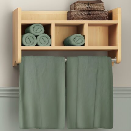 Wooden wall storage shelf Shelf with curtain for bathroom or kitchen Rustic wooden storage organizer Multi-functional wall-mounted shelf Space-saving storage solutions