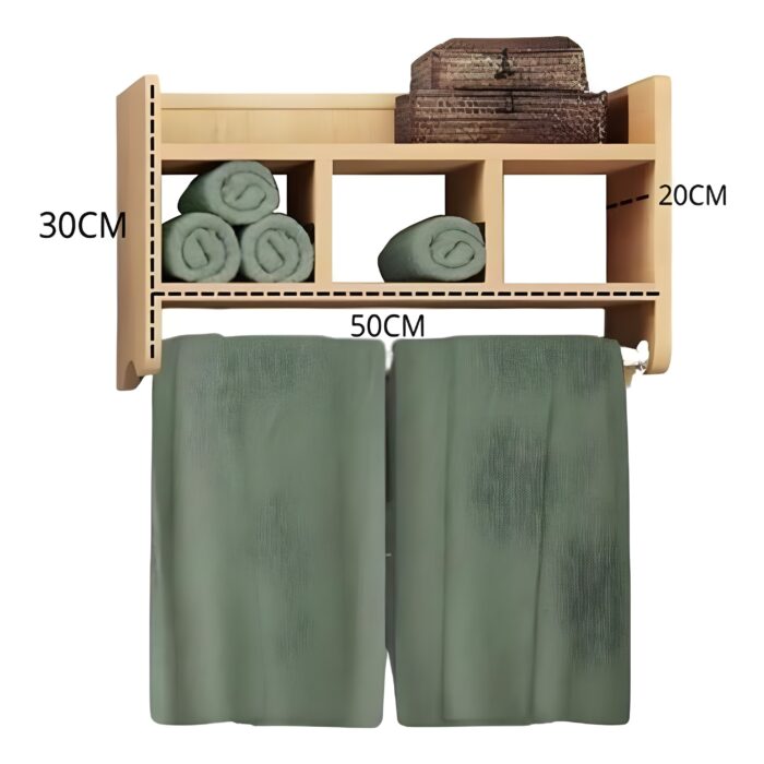 Wooden wall storage shelf Shelf with curtain for bathroom or kitchen Rustic wooden storage organizer Multi-functional wall-mounted shelf Space-saving storage solutions