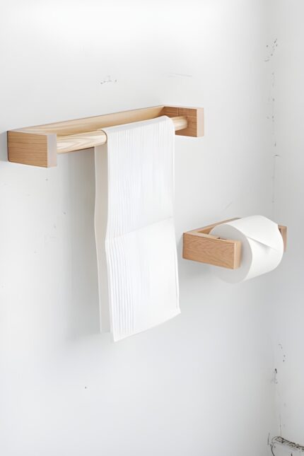 Wooden toilet paper holder Wall-mounted bathroom accessories Minimalist bathroom decor Rustic toilet roll holder Natural wood bathroom essentials