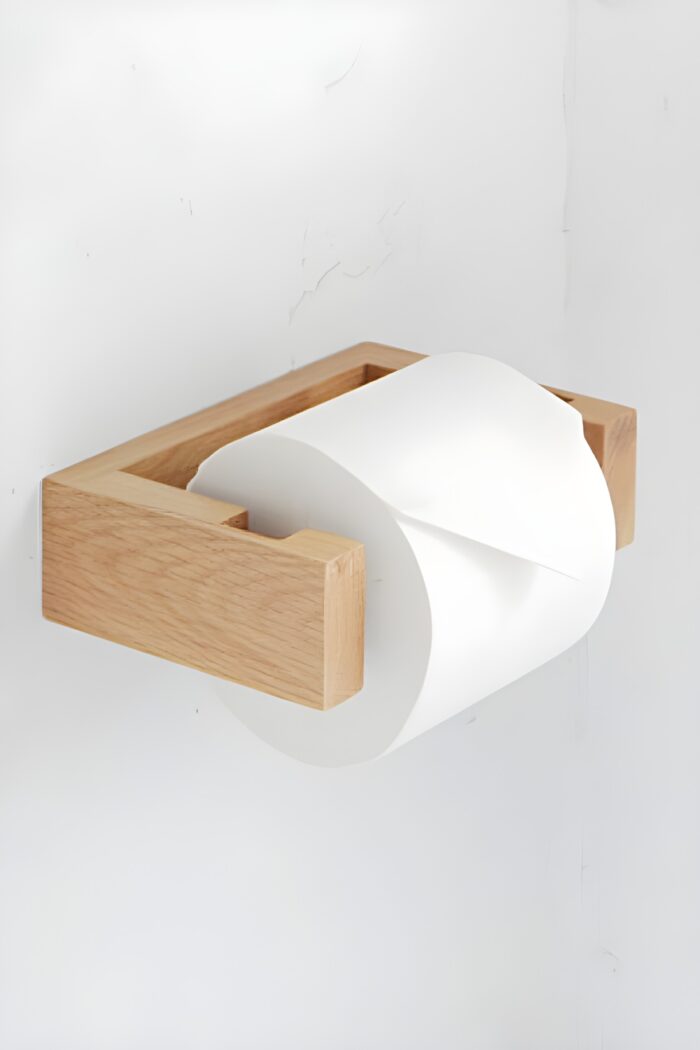 Wooden toilet paper holder Wall-mounted bathroom accessories Minimalist bathroom decor Rustic toilet roll holder Natural wood bathroom essentials