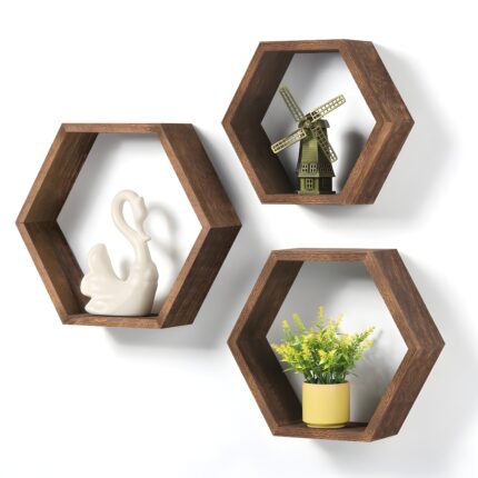Hexagonal wall shelves Rustic wooden decor Honeycomb wall shelves Farmhouse style storage Decorative wooden wall-mounted shelves