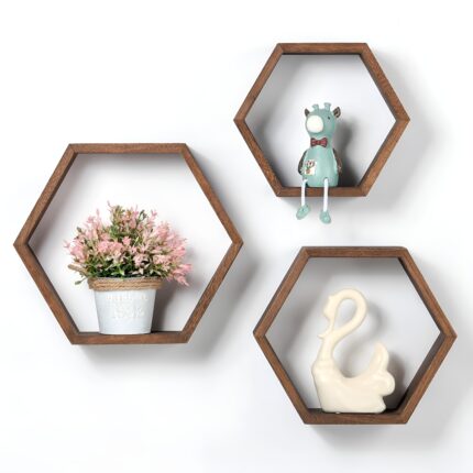 Hexagonal wall shelves Rustic wooden decor Honeycomb wall shelves Farmhouse style storage Decorative wooden wall-mounted shelves