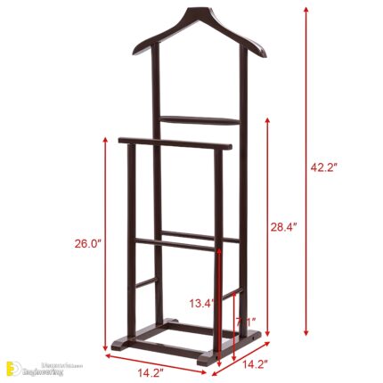 " Wooden valet stand Suit hanger stand Clothing valet organizer Bedroom storage solutions Classic wooden garment stand Space-saving clothes rack Men’s suit organizer Coat and trouser stand Elegant dressing room furniture Wooden wardrobe accessory"