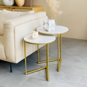 " White and gold nesting tables Modern coffee table set Luxury round side tables Minimalist living room decor Small space furniture solutions"