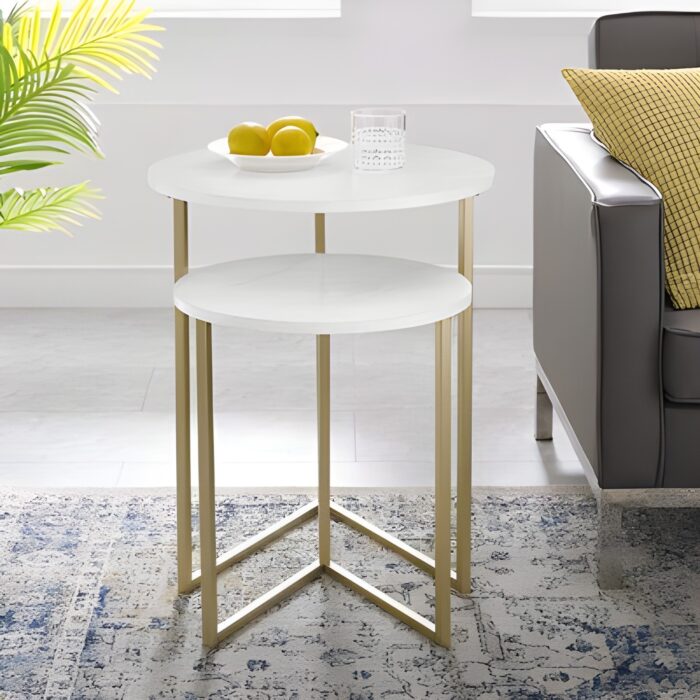 " White and gold nesting tables Modern coffee table set Luxury round side tables Minimalist living room decor Small space furniture solutions"