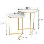 " White and gold nesting tables Modern coffee table set Luxury round side tables Minimalist living room decor Small space furniture solutions"