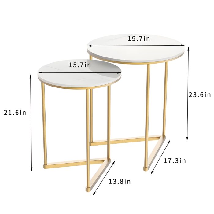 " White and gold nesting tables Modern coffee table set Luxury round side tables Minimalist living room decor Small space furniture solutions"