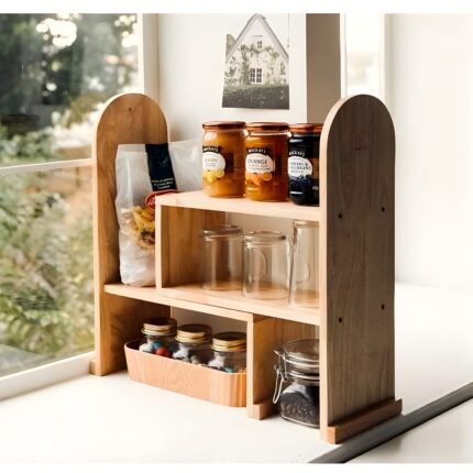 " Wooden countertop spice rack Rustic kitchen storage organizer Multi-tier wooden shelf Coffee station organizer Small space kitchen solutions"