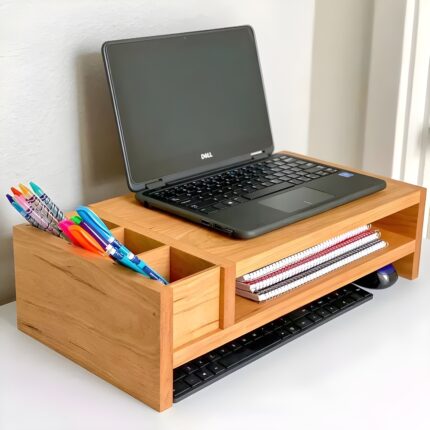 " Wooden monitor riser Desk organizer stand Laptop stand with storage Ergonomic office accessories Minimalist home office setup"