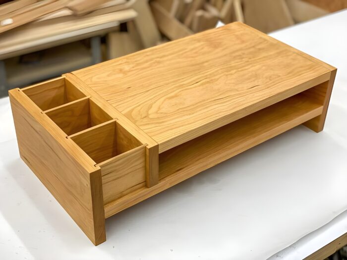 " Wooden monitor riser Desk organizer stand Laptop stand with storage Ergonomic office accessories Minimalist home office setup"