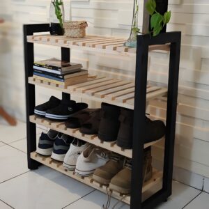 " Industrial shoe rack Wooden shoe organizer Metal frame storage shelf Open slatted shoe rack Minimalist entryway furniture Multi-purpose home organizer"