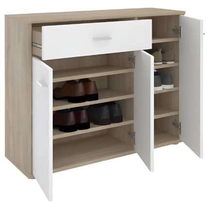Wooden shoe storage cabinet Entryway shoe organizer Modern shoe rack with doors Shoe cabinet with drawer Minimalist furniture for small spaces Closed shoe storage solution
