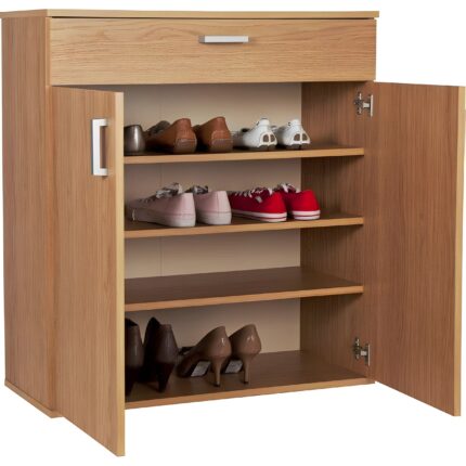 Wooden shoe storage cabinet Modern shoe rack with doors Entryway shoe organizer Shoe cabinet with drawer Minimalist furniture for small spaces Closed shoe storage solution