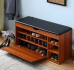 Shoe storage bench Wooden shoe rack with seat Entryway bench with shoe storage Multipurpose furniture for small spaces Modern shoe organizer with cushion Drop-down shoe cabinet