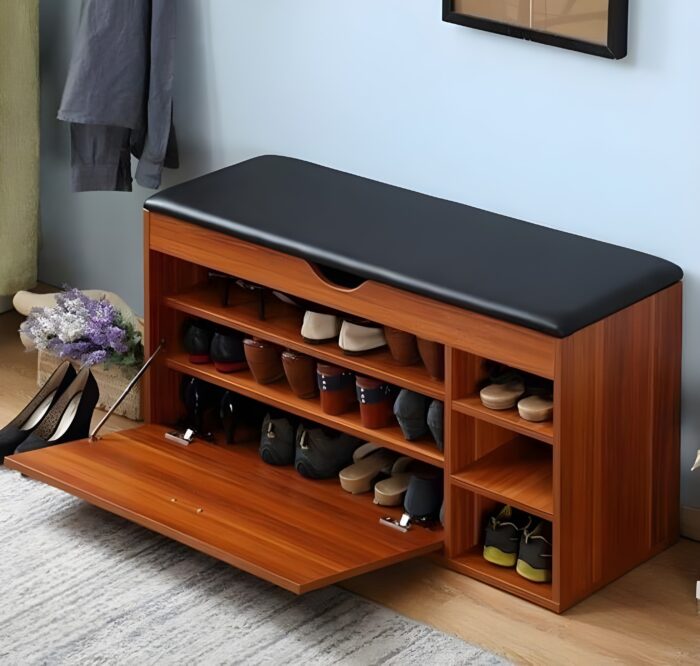 Shoe storage bench Wooden shoe rack with seat Entryway bench with shoe storage Multipurpose furniture for small spaces Modern shoe organizer with cushion Drop-down shoe cabinet