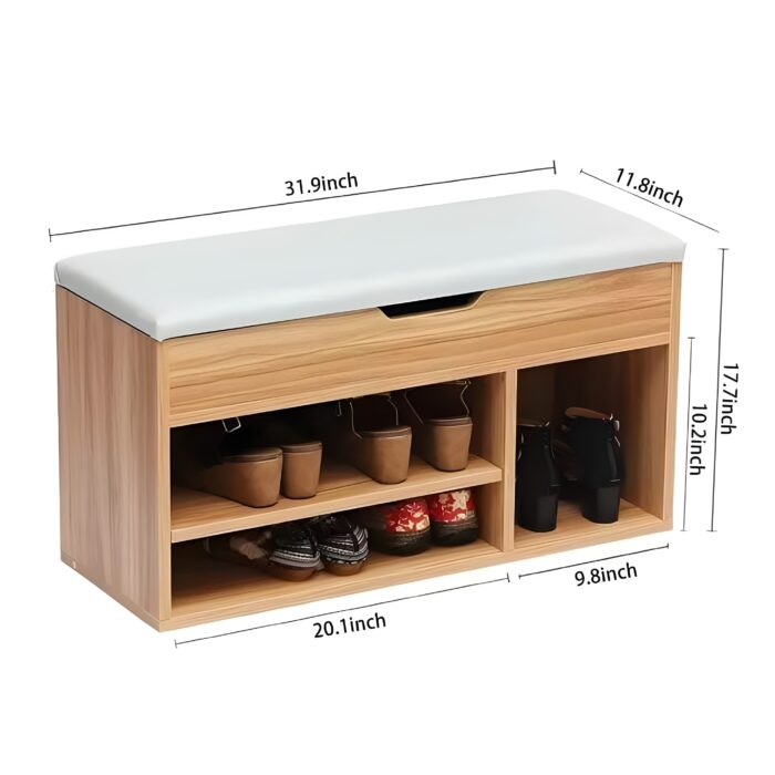 Shoe storage bench Wooden shoe rack with seat Entryway bench with shoe storage Multipurpose furniture for small spaces Modern shoe organizer with cushion Drop-down shoe cabinet