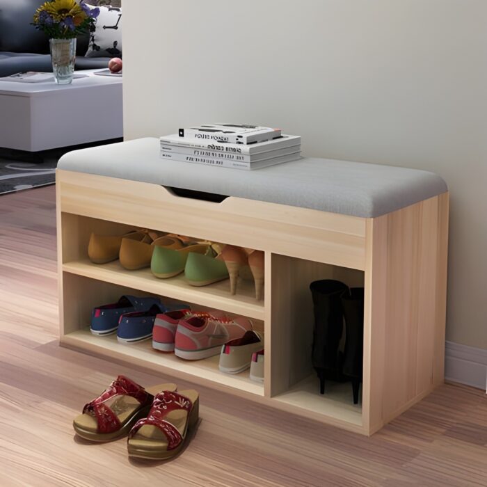Shoe storage bench Wooden shoe rack with seat Entryway bench with shoe storage Multipurpose furniture for small spaces Modern shoe organizer with cushion Drop-down shoe cabinet