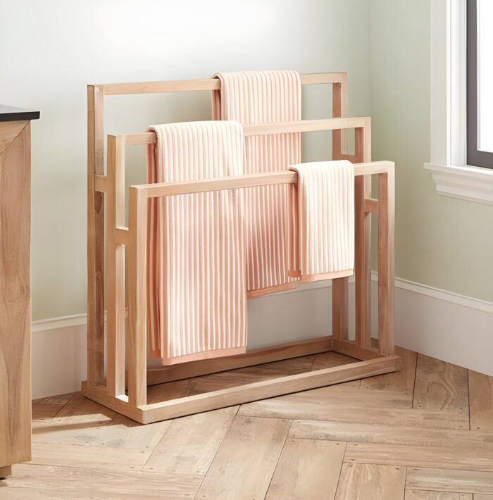 Wooden towel rack 3-tier towel stand Freestanding bathroom organizer Minimalist towel holder Wooden drying rack