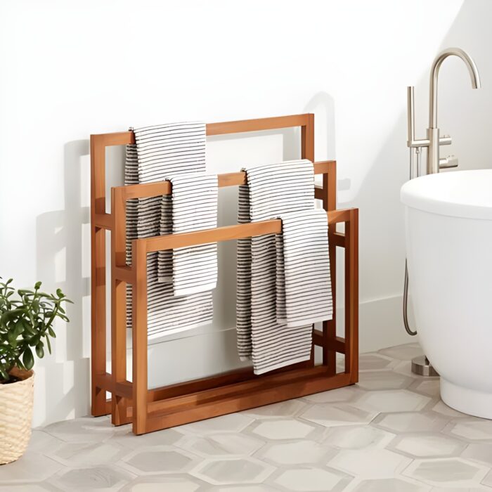 Wooden towel rack 3-tier towel stand Freestanding bathroom organizer Minimalist towel holder Wooden drying rack
