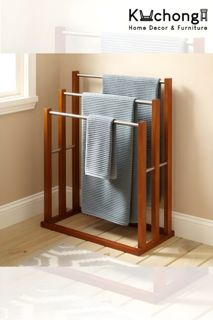 Wooden and metal towel rack Freestanding towel holder 3-tier towel drying stand Modern bathroom towel organizer Wooden stainless steel towel stand