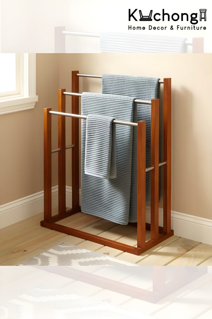 Wooden and metal towel rack Freestanding towel holder 3-tier towel drying stand Modern bathroom towel organizer Wooden stainless steel towel stand