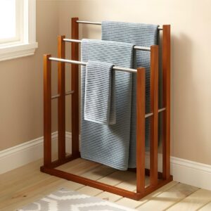 Wooden and metal towel rack Freestanding towel holder 3-tier towel drying stand Modern bathroom towel organizer Wooden stainless steel towel stand